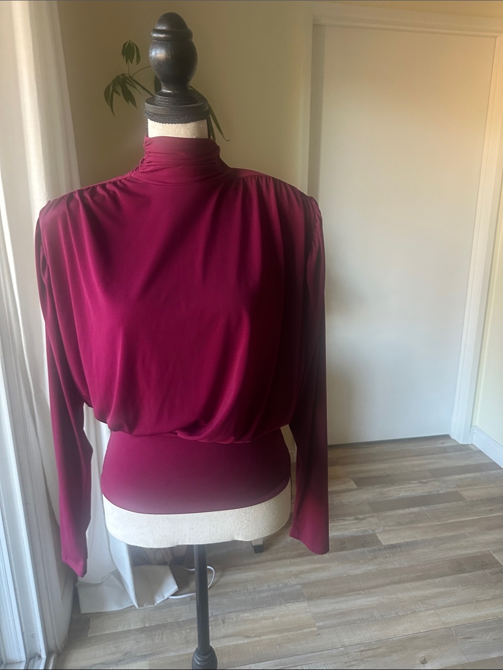 Zara Wine High-Neck Long-Sleeve Blouson Top